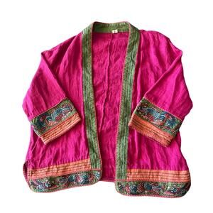 Asian Dragon Kimono Linen Fushia Pink Green Embroidery Japanese Chinatown Kpop